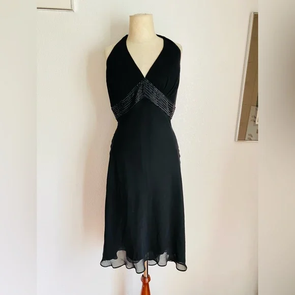 Cachet | Dresses | Vintage Cachet Black Organza Halter Top Beaded Midi  Evening Dress | Poshmark